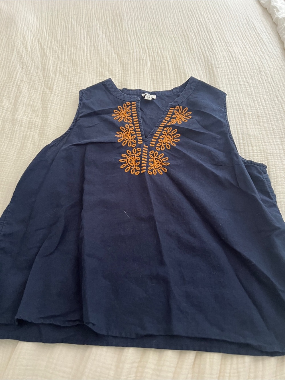 J. Crew Navy Sleeveless Cotton Shirt with Orange Embroidery